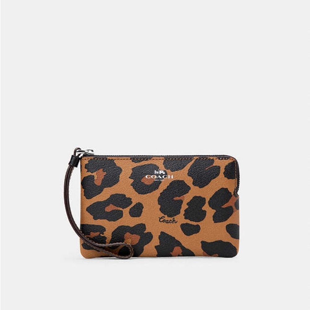 COACH Corner Zip Wristlet With Leopard Print